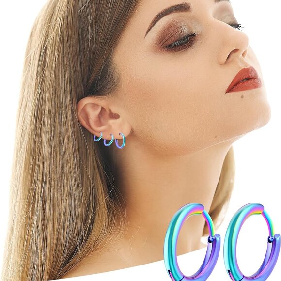 Blue 8-12mm hypoallergenic surgical steel small hoop earrings for cartilage nose - Picture 4 of 11